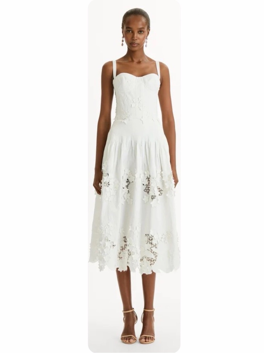 Oscar de la Renta White Eyelet Midi Dress with Sweetheart Bodice